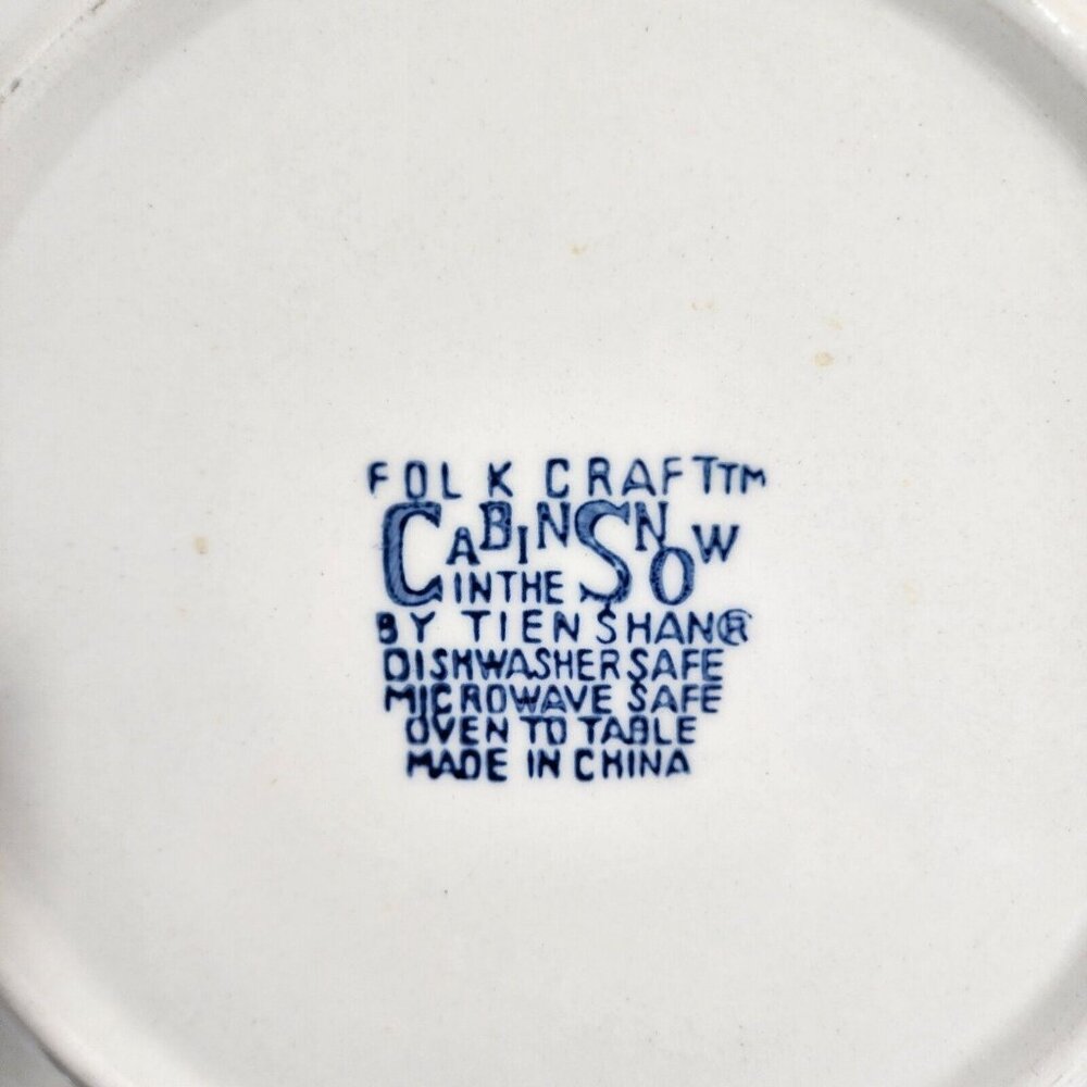 3 Folk Craft Cabin In Snow Dinner Plates 10" Blue White Winter sponge paint dish - Picture 3 of 3